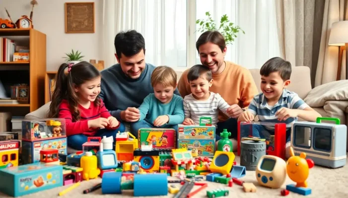 Parents and children playing with 1990s toys like LEGO and Tamagotchis.
