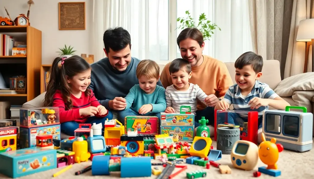 Parents and children playing with 1990s toys like LEGO and Tamagotchis.