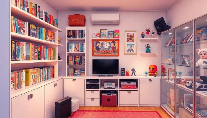 A tidy anime-themed room with organized manga and figurines, fostering a peaceful and creative atmosphere.