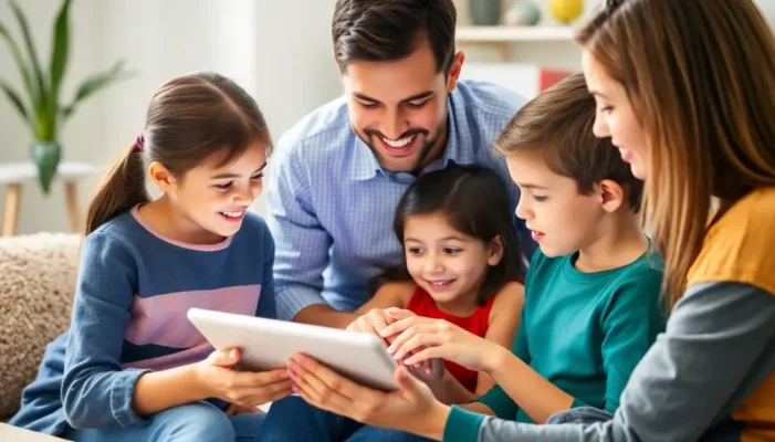 A family using a tablet, parents guiding children on digital literacy.