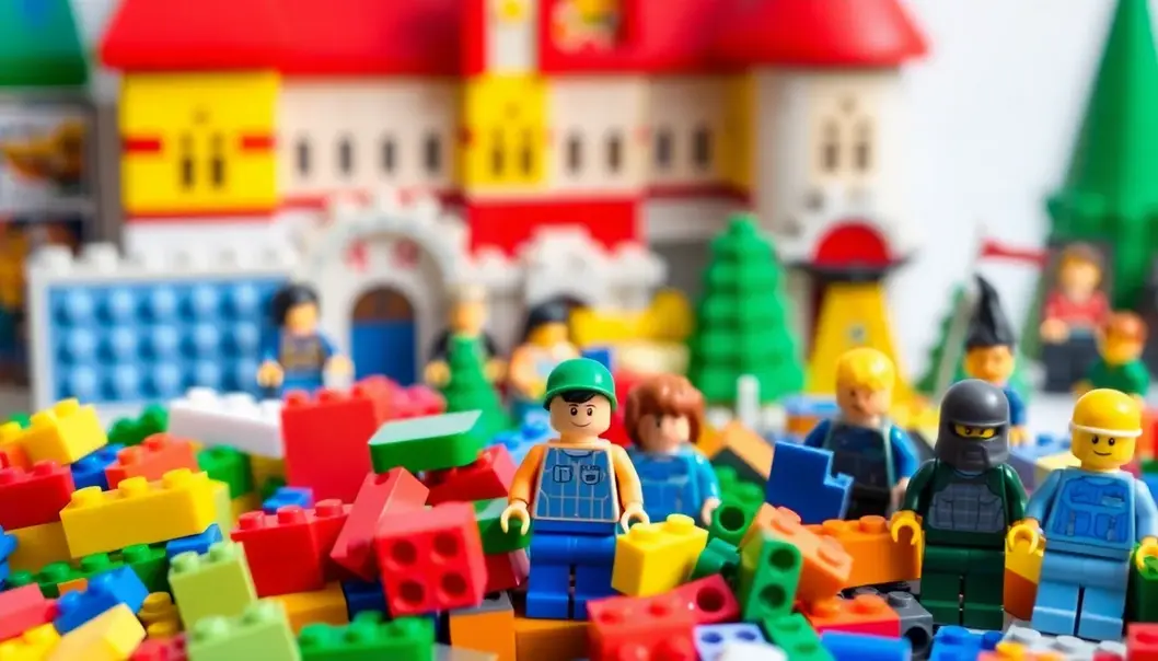 Colorful LEGO bricks and mini-figures showcasing 1990s creativity.