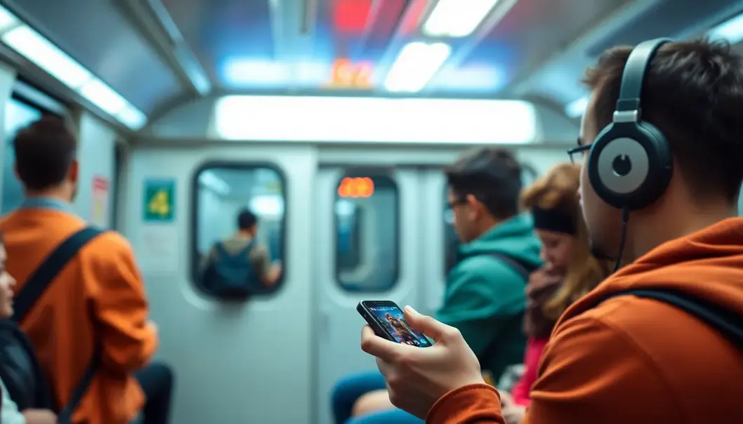 A young adult immersed in mobile gaming during a subway commute.