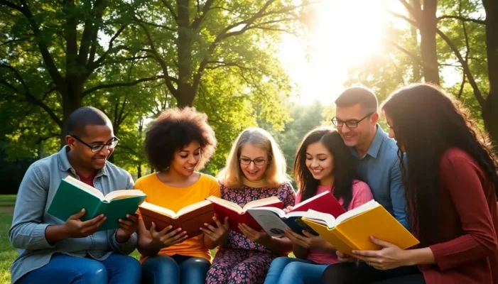 A group of parents reading various books outdoors, representing shared growth and learning.