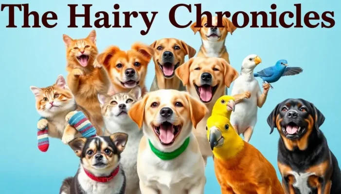 A collage of pets, including cats and dogs, in funny, playful actions, portraying a lively scene.
