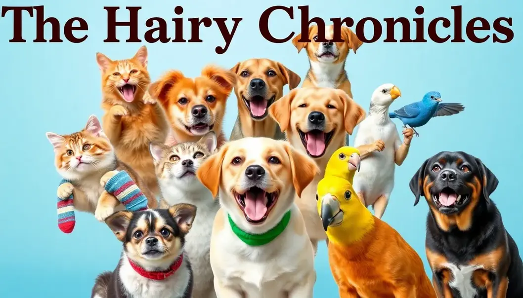 A collage of pets, including cats and dogs, in funny, playful actions, portraying a lively scene.